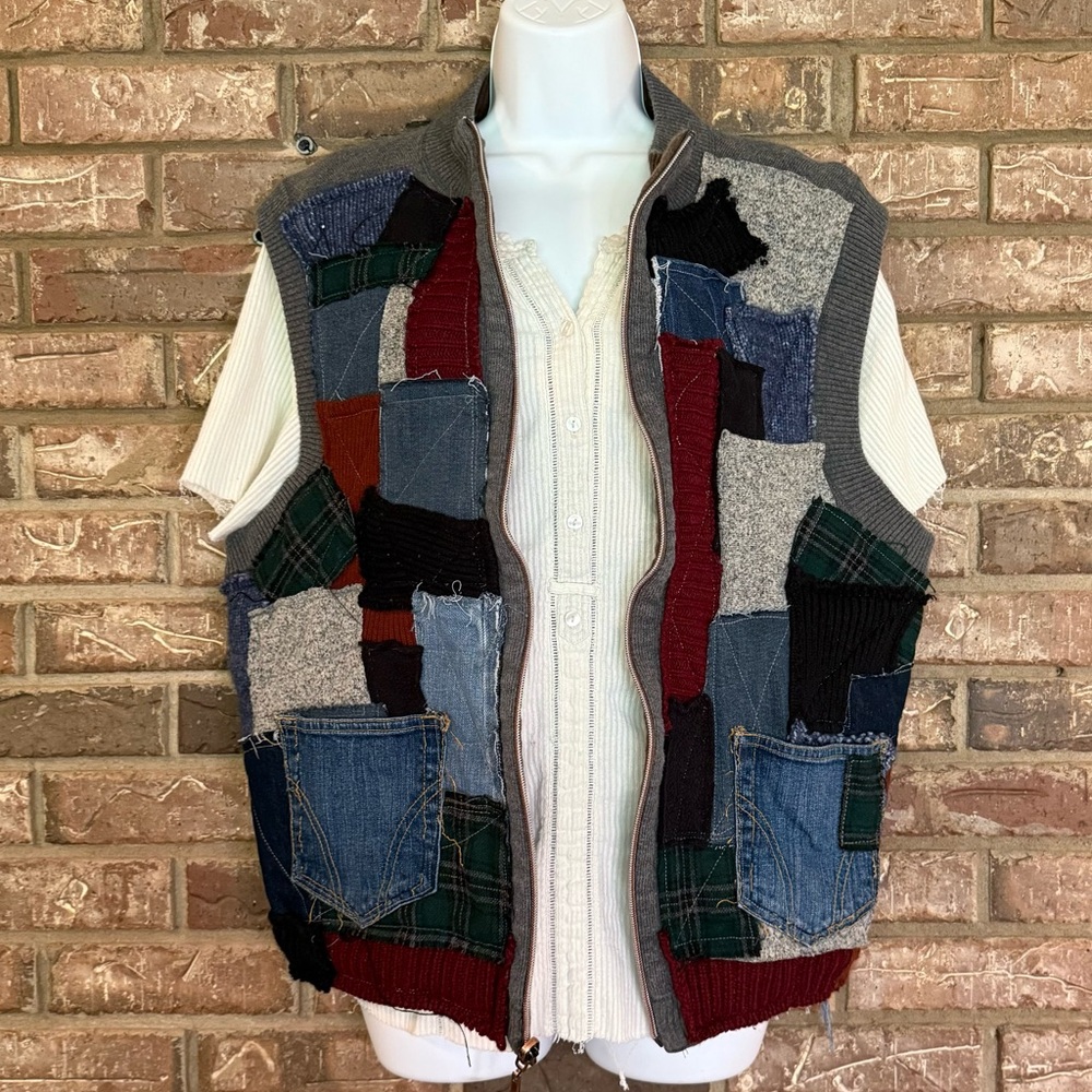 Upcycled Patchwork Vintage Vest Rustic Raw-Edge D… - image 2